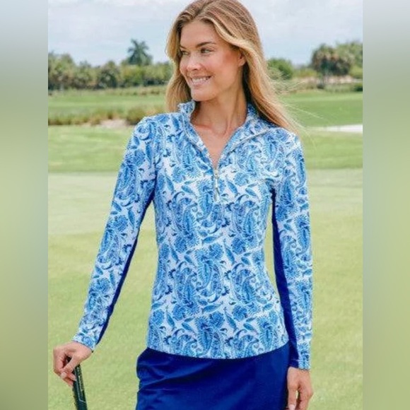 Cabana Life Tops - NWT Cabana Life 1/4 zip performance top, Charleston, blue paisley, sz L.